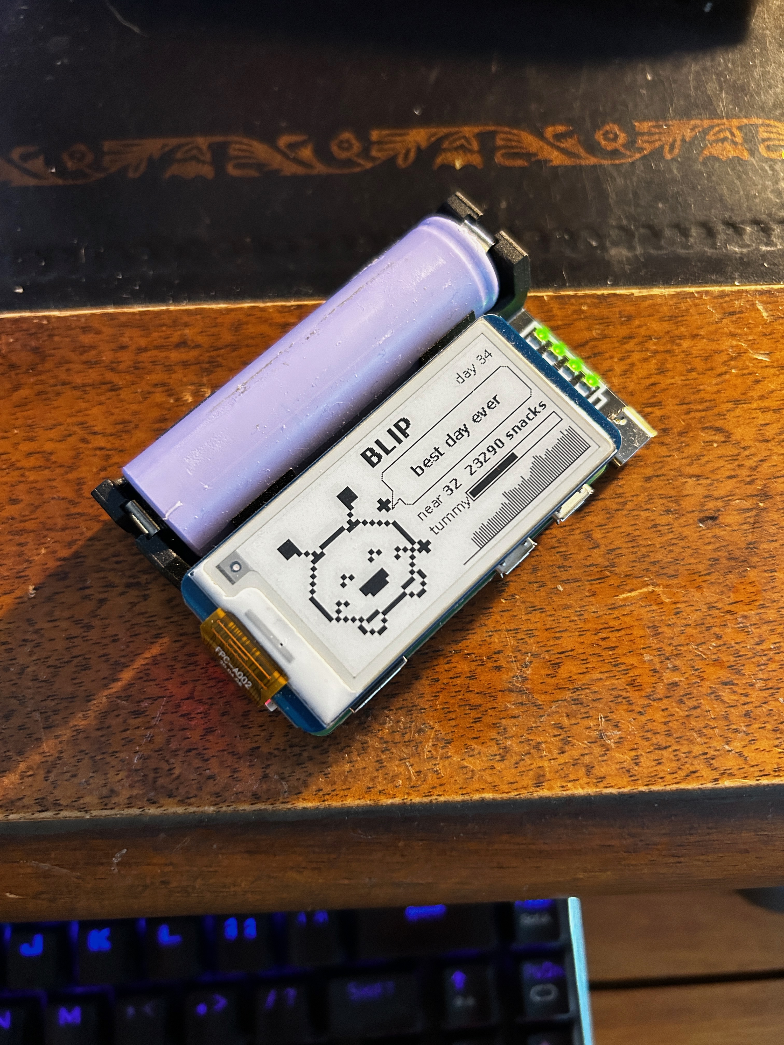 Blip running on the Pi Zero, day 34, "best day ever," 32 devices nearby, 23290 lifetime snacks
